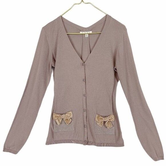 CAbi Taupe Cotton Knit Velvet Bow Silver Glitter Pocket Cardigan Sweater - Picture 1 of 9